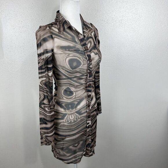Miss Lola Dress Women Small Brown Retro Mesh Long Sleeve Button Up Casual Mini - Picture 3 of 15